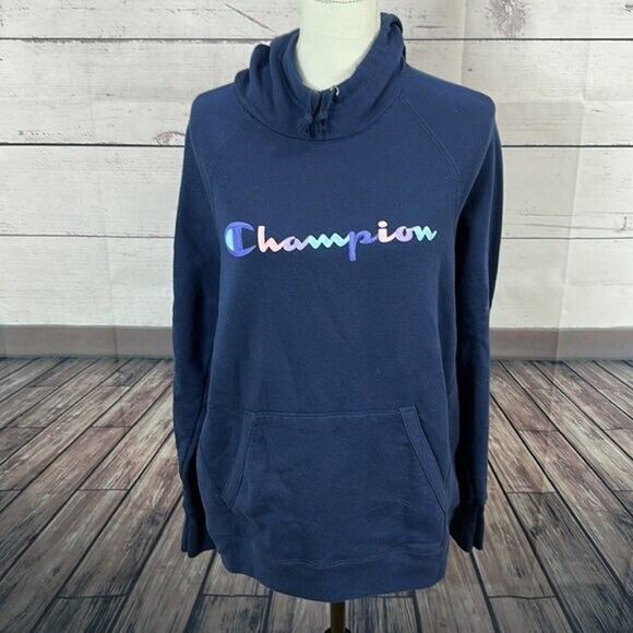Champion Sweatshirt Womens Large Navy Long Sleeve Hoodie Pull Over - Picture 3 of 9